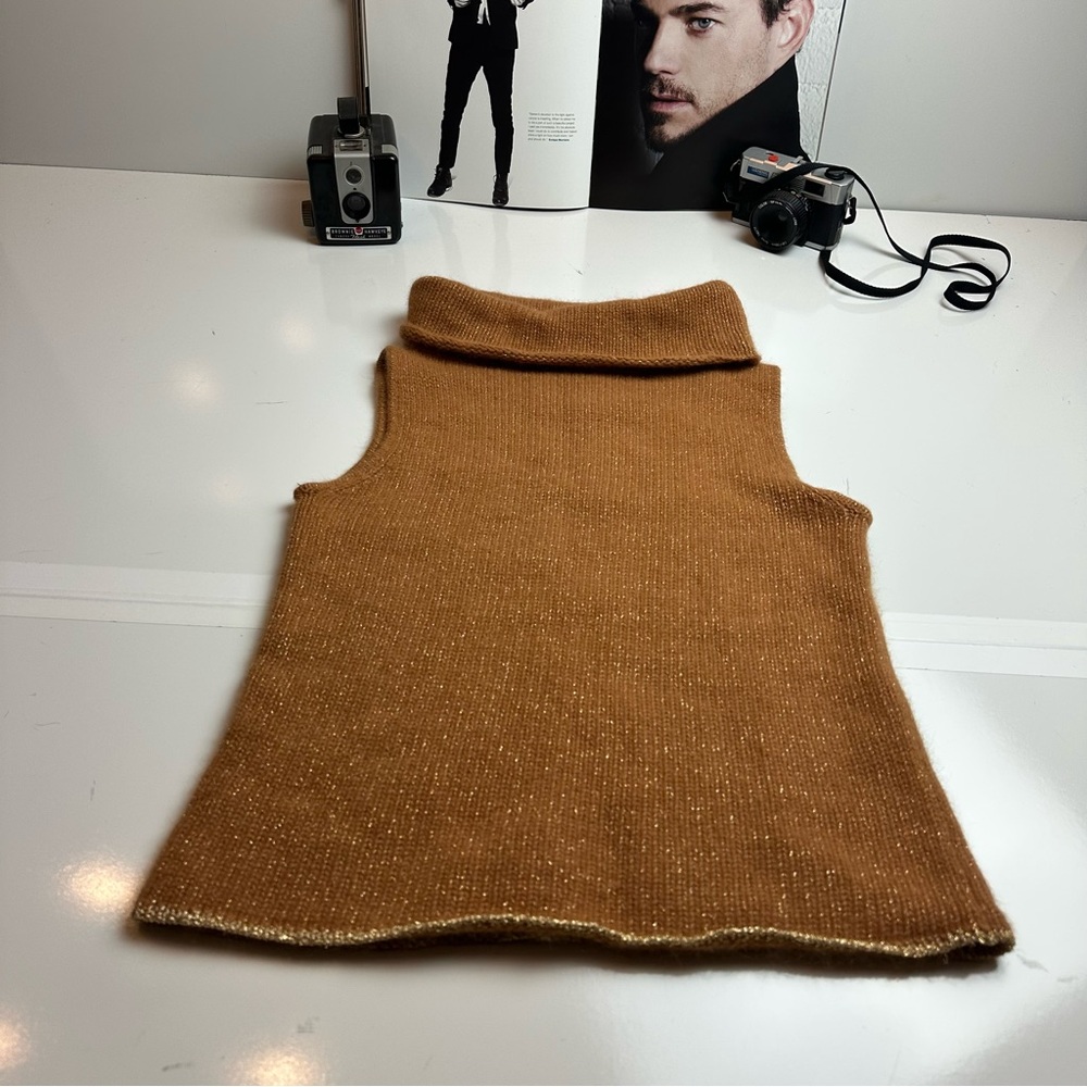 Copper Key Tan Knit Turtleneck with gold thread throughout